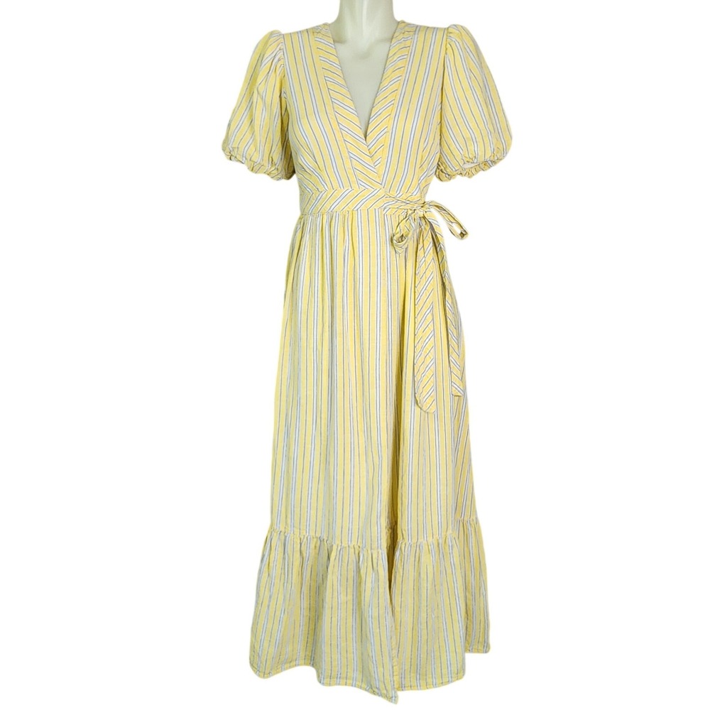 Draper James RSVP Linen Striped Wrap Maxi Dress Yellow Blue Puff Sleeve XS